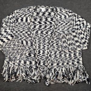 Chicos Women’s Size 3 Cardigan Sweater Black White Fringe Sanya